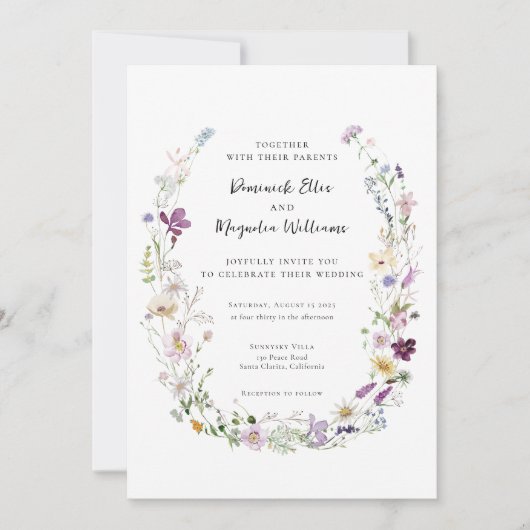 Waterverf Wildbloemen Elegante huwelijksuitnodigin Kaart (Voorkant)