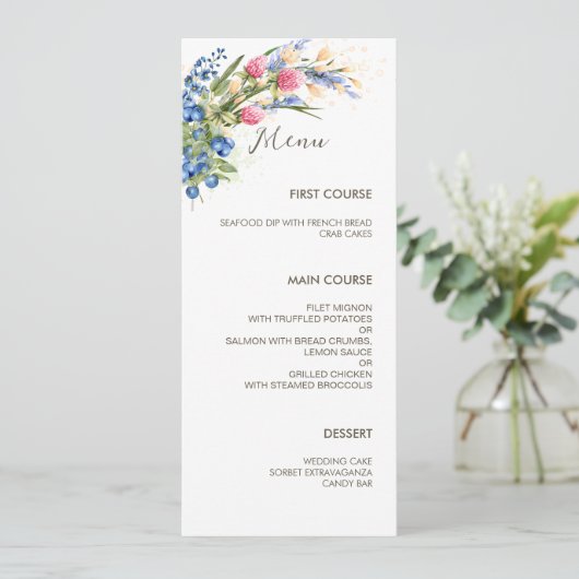 Waterverf Wildbloemen en Blueberry Rustic Wedding Menu (Staand voorkant)