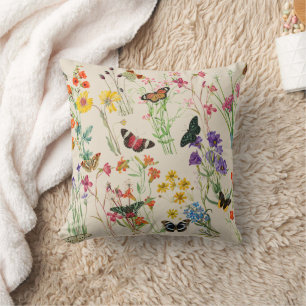 Waterverf Wildbloemen en Butterflies Floral Garden Kussen