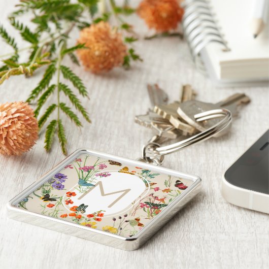 Waterverf Wildbloemen en Butterflies Floral Garden Sleutelhanger (Zijkant)