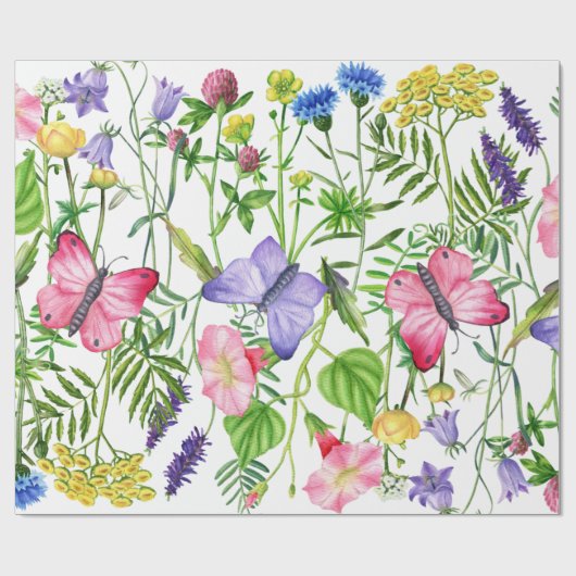 Waterverf Wildbloemen en Butterflies Kleurrijk Cadeaupapier (Vlak)
