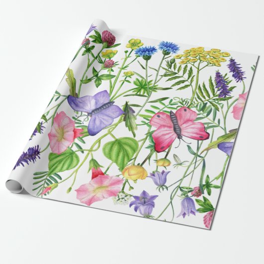 Waterverf Wildbloemen en Butterflies Kleurrijk Cadeaupapier (Uitgerold)
