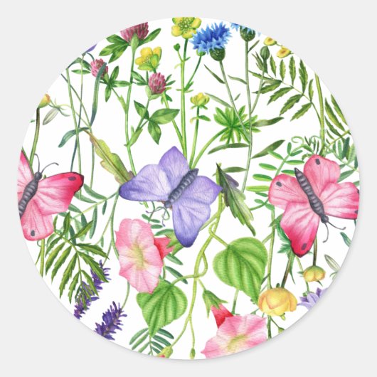 Waterverf Wildbloemen en Butterflies Kleurrijk Ronde Sticker (Voorkant)
