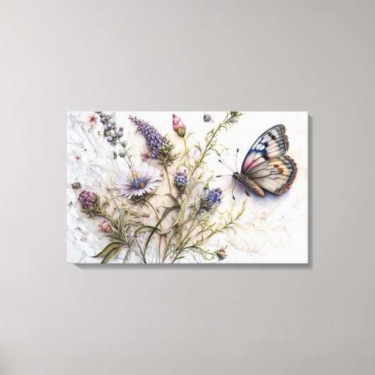 Waterverf Wildbloemen en Vlinder Canvas Print (Voorkant)