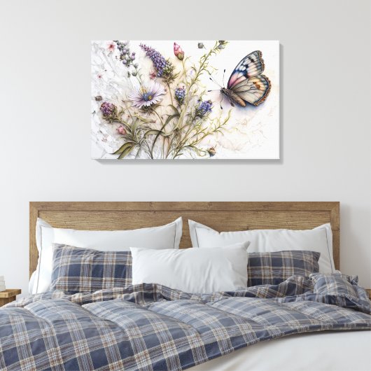 Waterverf Wildbloemen en Vlinder Canvas Print (Insitu (Slaapkamer))