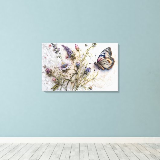 Waterverf Wildbloemen en Vlinder Canvas Print (Insitu (Houten vloer))