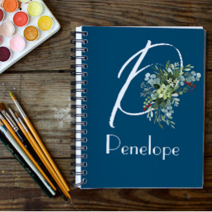 Waterverf Wildbloemen Eucalyptus initiaal blauw Notitieboek