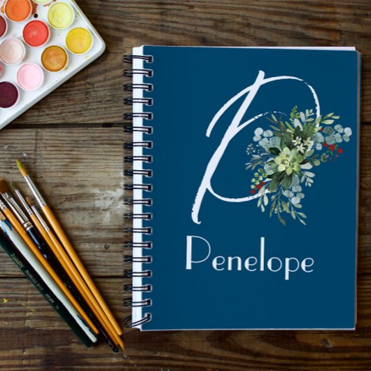 Waterverf Wildbloemen Eucalyptus initiaal blauw Notitieboek