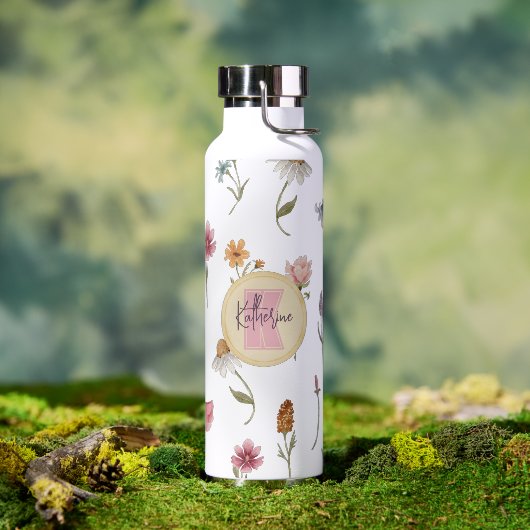 Waterverf Wildbloemen Floral Pattern Monogram Waterfles (Buiten)