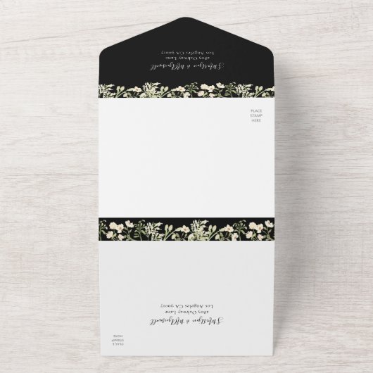Waterverf Wildbloemen Floral Wedding Black All In One Uitnodiging (Buitenkant)