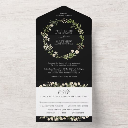 Waterverf Wildbloemen Floral Wedding Black All In One Uitnodiging (Binnen)