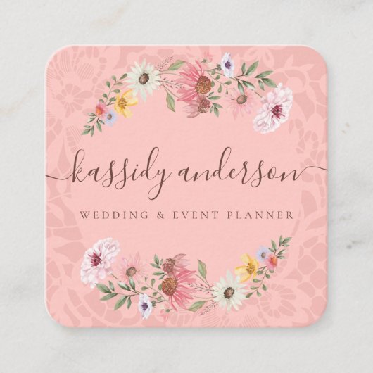 Waterverf Wildbloemen Floral Wreatroze Vierkante Visitekaartje (Voorkant)