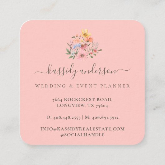 Waterverf Wildbloemen Floral Wreatroze Vierkante Visitekaartje (Achterkant)
