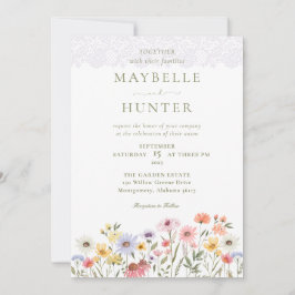 Waterverf Wildbloemen, Foliage en Lace Wedding Kaart