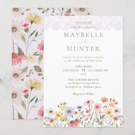 Waterverf Wildbloemen, Foliage en Lace Wedding Kaart