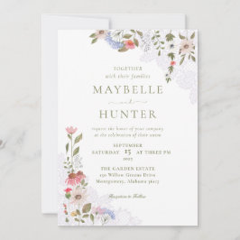 Waterverf Wildbloemen, Foliage en Lace Wedding Kaart