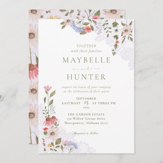 Waterverf Wildbloemen, Foliage en Lace Wedding Kaart (Voorkant / Achterkant)