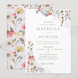 Waterverf Wildbloemen, Foliage en Lace Wedding Kaart