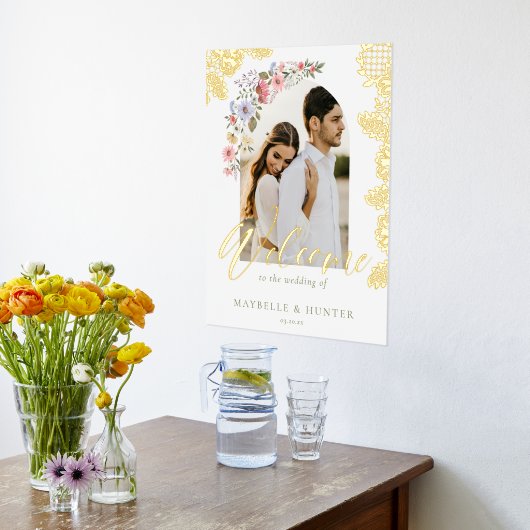 Waterverf Wildbloemen Foto bruiloft Welkomstwoord Folie Afdrukken (Laag (Keuken))