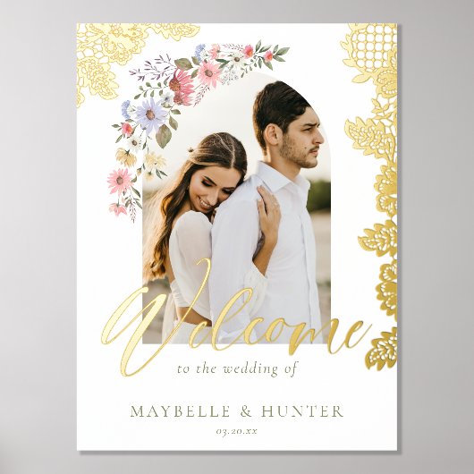 Waterverf Wildbloemen Foto bruiloft Welkomstwoord Folie Afdrukken (Voorkant)