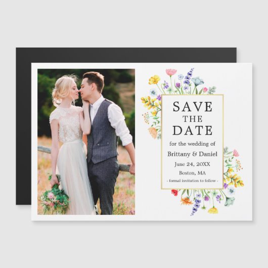 Waterverf Wildbloemen Foto Goud Lijst Magnetische Uitnodiging (Voorkant / Achterkant)