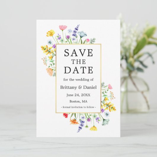 Waterverf Wildbloemen Foto Goud Save The Date (Staand voorkant)