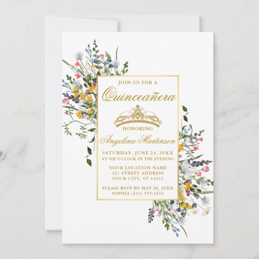 Waterverf Wildbloemen Foto Gouden Quinceanera Kaart (Voorkant)