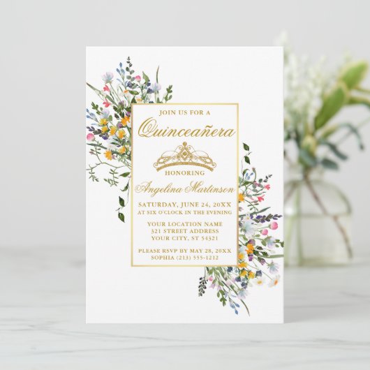 Waterverf Wildbloemen Foto Gouden Quinceanera Kaart (Staand voorkant)