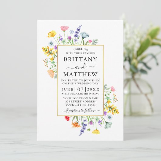 Waterverf Wildbloemen Goud Lijst Bruiloft Kaart (Staand voorkant)