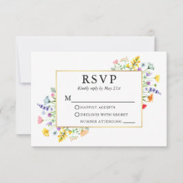Waterverf Wildbloemen Goud Lijst Bruiloft RSVP Kaartje