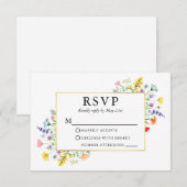 Waterverf Wildbloemen Goud Lijst Bruiloft RSVP Kaartje (Voorkant / Achterkant)