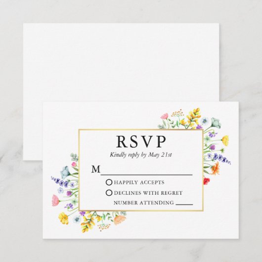 Waterverf Wildbloemen Goud Lijst Bruiloft RSVP Kaartje (Voorkant / Achterkant)