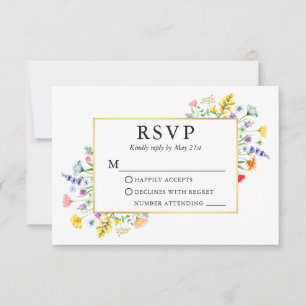 Waterverf Wildbloemen Goud Lijst Bruiloft RSVP Kaartje