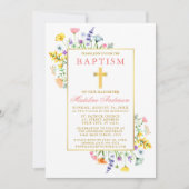 Waterverf Wildbloemen Goud Roze Doop Kaart (Voorkant)