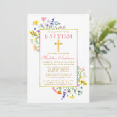 Waterverf Wildbloemen Goud Roze Doop Kaart (Staand voorkant)