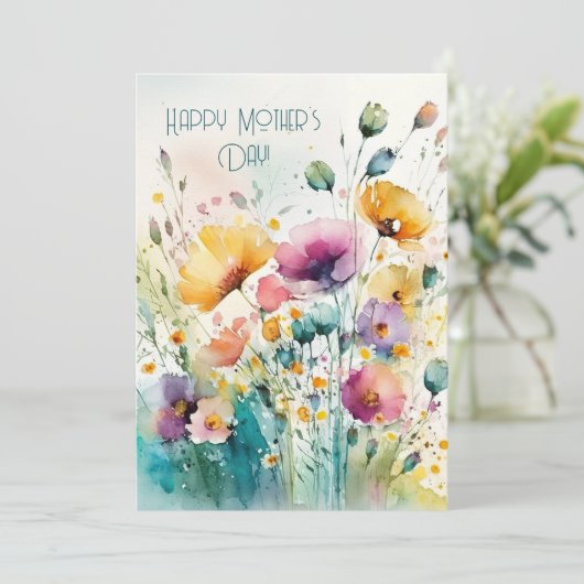 Waterverf Wildbloemen|Happy Moederdag Feestdagenkaart (Staand voorkant)