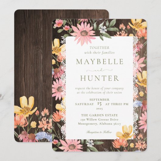 Waterverf Wildbloemen kant en houten bruiloft Kaart (Voorkant / Achterkant)
