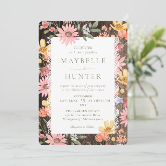 Waterverf Wildbloemen  kant en houten bruiloft Kaart (Staand voorkant)