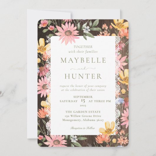 Waterverf Wildbloemen  kant en houten bruiloft Kaart (Voorkant)