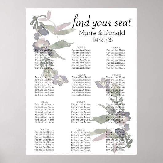 Waterverf Wildbloemen Lavender Seating Chart Poster (Voorkant)