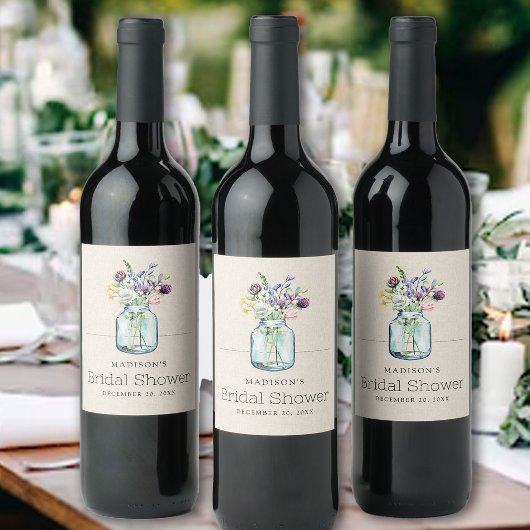 Waterverf Wildbloemen Linnen Boho Vrijgezellenfees Wijn Etiket