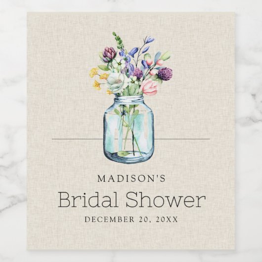 Waterverf Wildbloemen Linnen Boho Vrijgezellenfees Wijn Etiket (Enkel label)