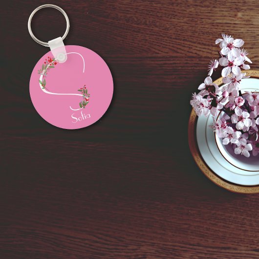 Waterverf wildbloemen monogram roze sleutelhanger