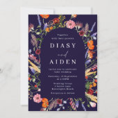 Waterverf Wildbloemen & Navy Bruiloft Kaart (Voorkant)