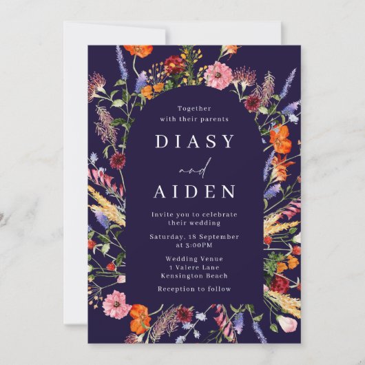 Waterverf Wildbloemen & Navy Bruiloft Kaart (Voorkant)