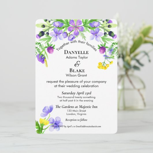 Waterverf Wildbloemen Paars Blue Wedding Kaart (Staand voorkant)