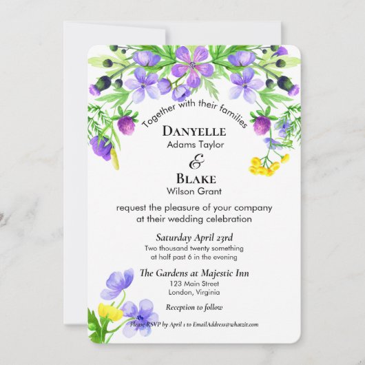 Waterverf Wildbloemen Paars Blue Wedding Kaart (Voorkant)