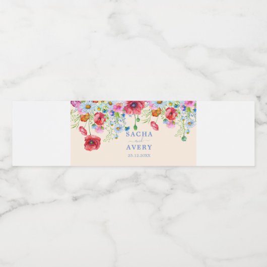 Waterverf Wildbloemen Poppies Daisies bruiloft Waterfles Etiket (Enkel label)
