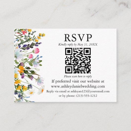 Waterverf Wildbloemen QR RSVP Fotohuwelijk Informatiekaartje (Voorkant)