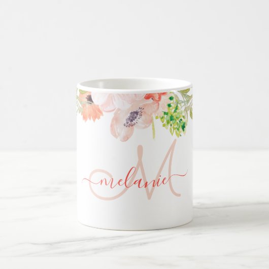 Waterverf Wildbloemen Roze aangepaste monogrammen Koffiemok (Center)